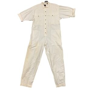 VTG Lizsport Petites Womens White Cotton Button Up Utility Jumpsuit Size M *Poor